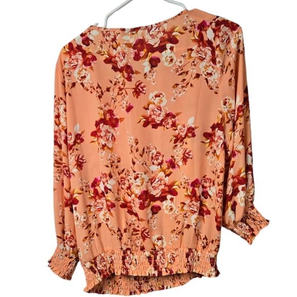 Rose + Olive Smocked Peach Floral Peasant Top Chiffon Ladies Blouse Pullover - Picture 9 of 9